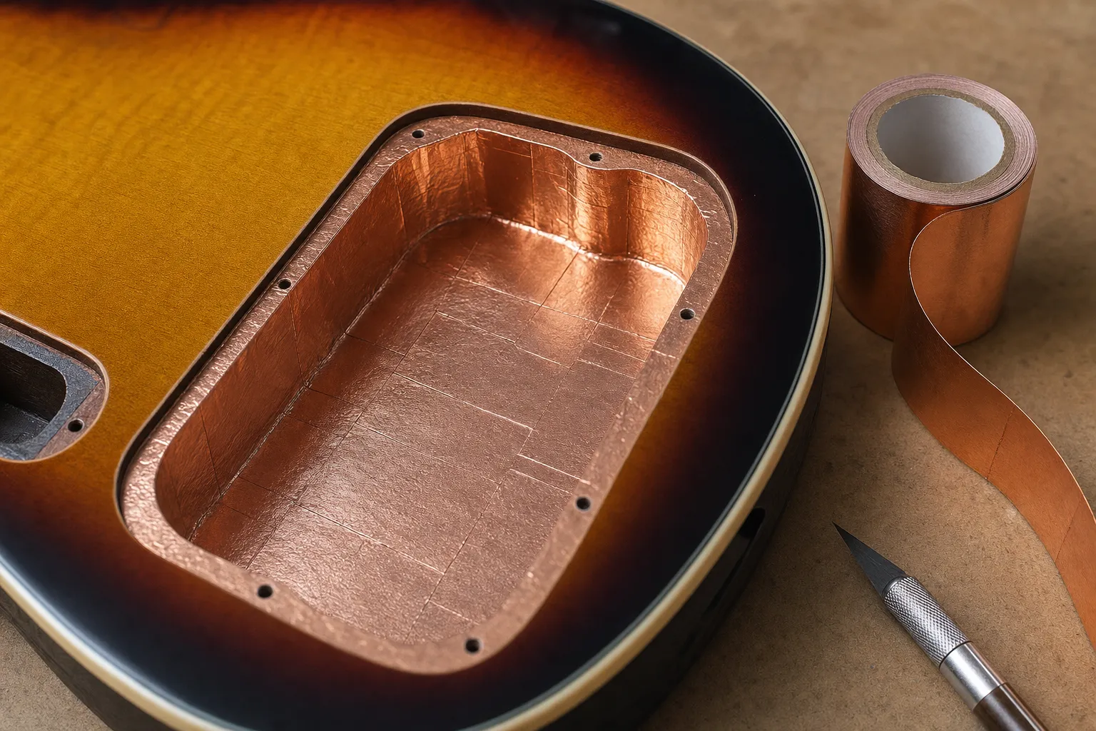 Copper tape lining the control cavity of an electric guitar for EMI shielding