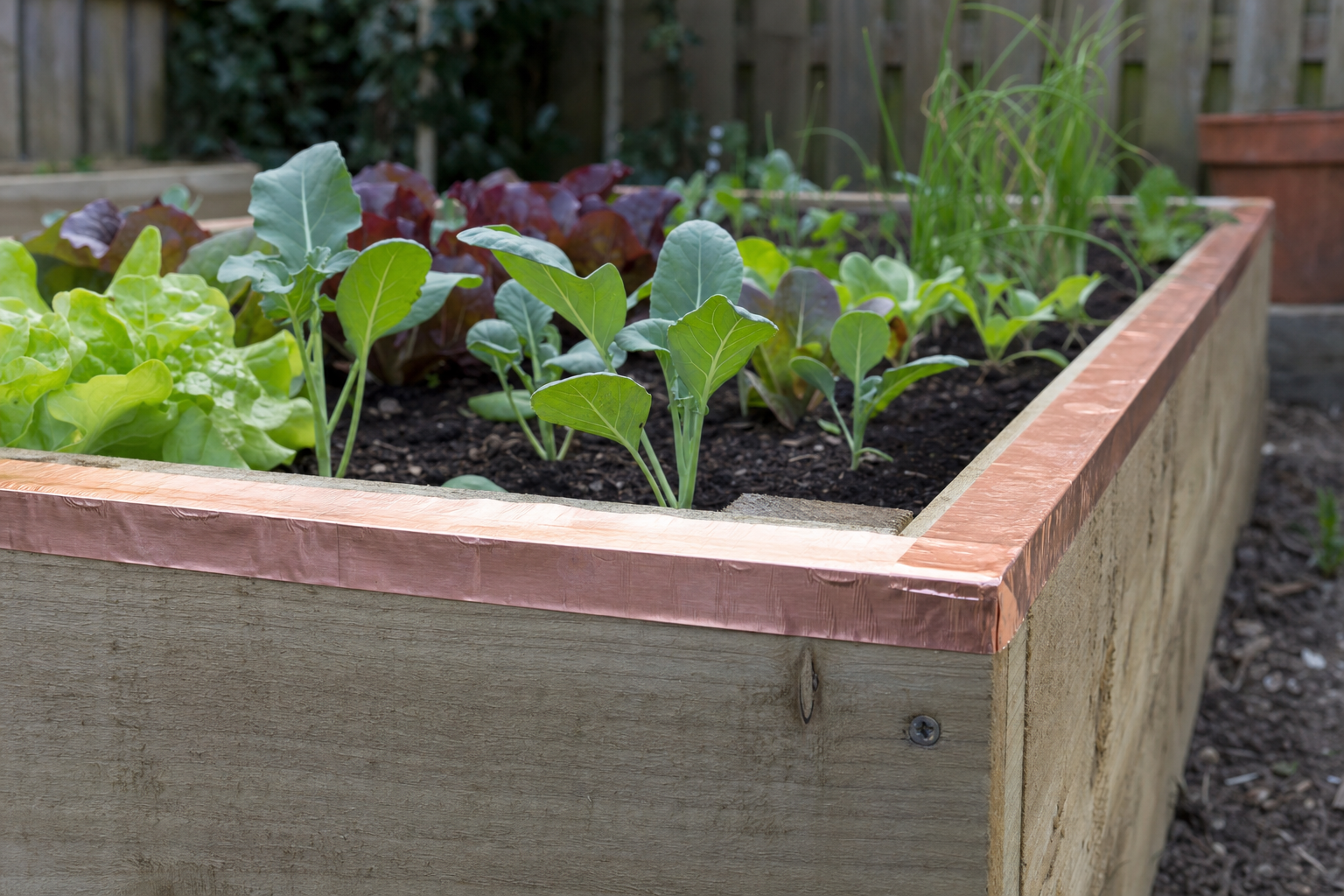 A continuous band of copper tape along the top edge of a wooden raised bed planted with lettuce and brassica seedlings