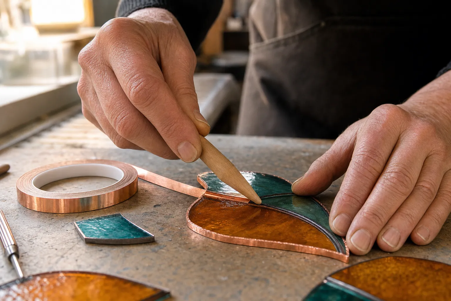 A hand burnishing copper foil tape onto the edge of a cut piece of stained glass on a workbench